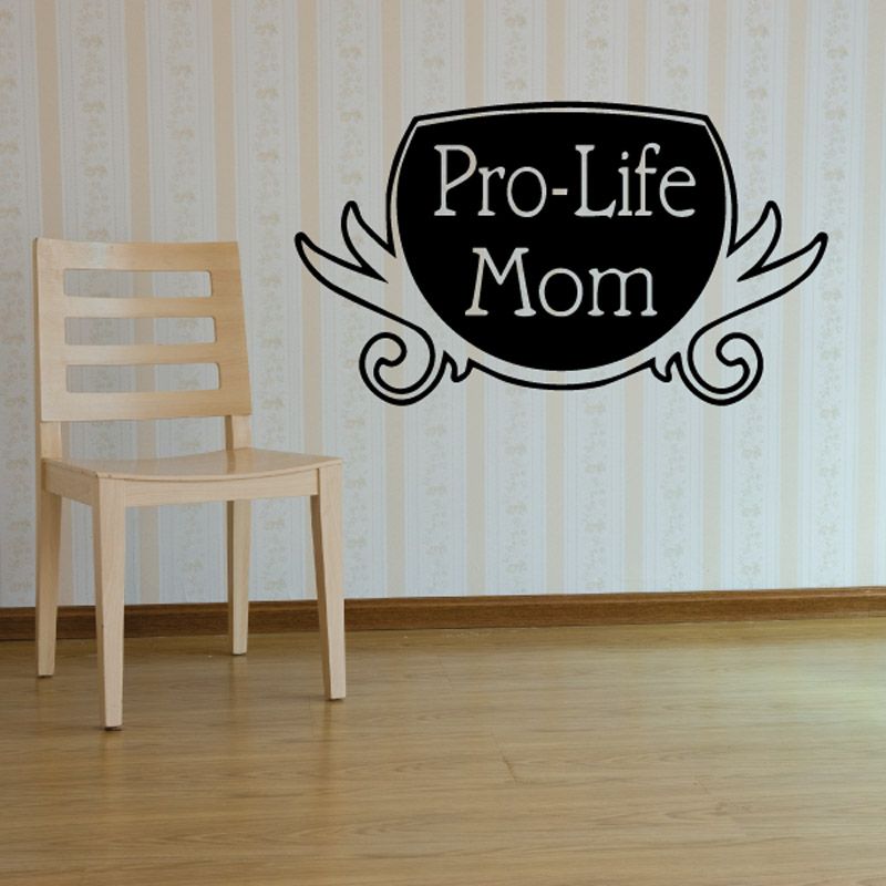 Pro-Life mom decal with black badge, 'Pro-Life Mom' lettering, scroll accents