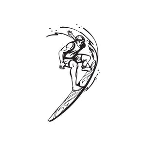 Surfer decal with black line-art figure riding a wave