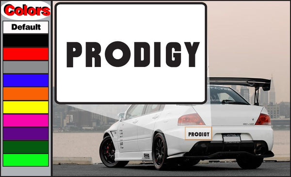 Car decal with bold “PRODIGY” lettering on white square