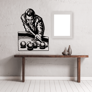 Pool player decal featuring a man aiming a cue at a table of balls, black outline