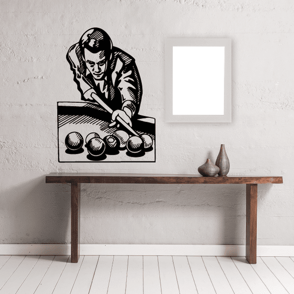 Pool player decal featuring a man aiming a cue at a table of balls, black outline