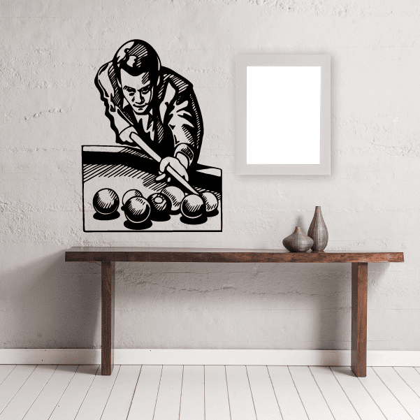 Pool player decal featuring a man aiming a cue at a table of balls, black outline