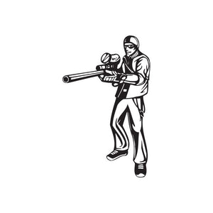 Paintball player decal with masked figure holding marker, black outline on white