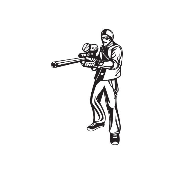 Paintball player decal with masked figure holding marker, black outline on white