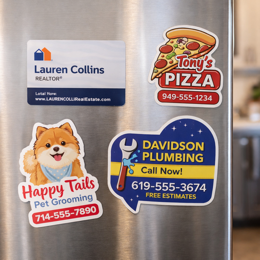 Custom promotional magnet set with real estate, pizza, pet grooming, and plumbing designs