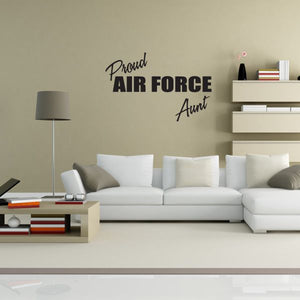 Wall decal: Proud Air Force Aunt text in black with white script lettering