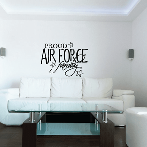 Air Force family script wall decal, black lettering with stars and Proud Air Force text