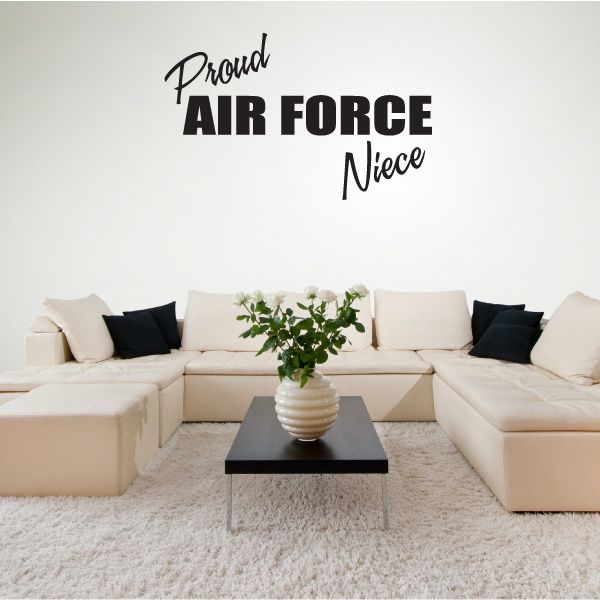 Proud Air Force niece vinyl script decal with black lettering