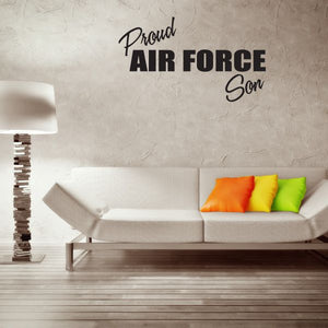 Black script decal reading "Proud Air Force Son" with star accents