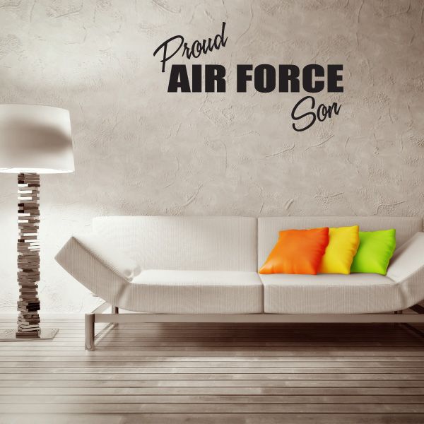 Black script decal reading "Proud Air Force Son" with star accents