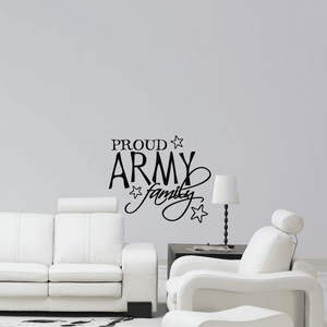 Army family wall decal with script text and star outlines reading 'PROUD ARMY family'