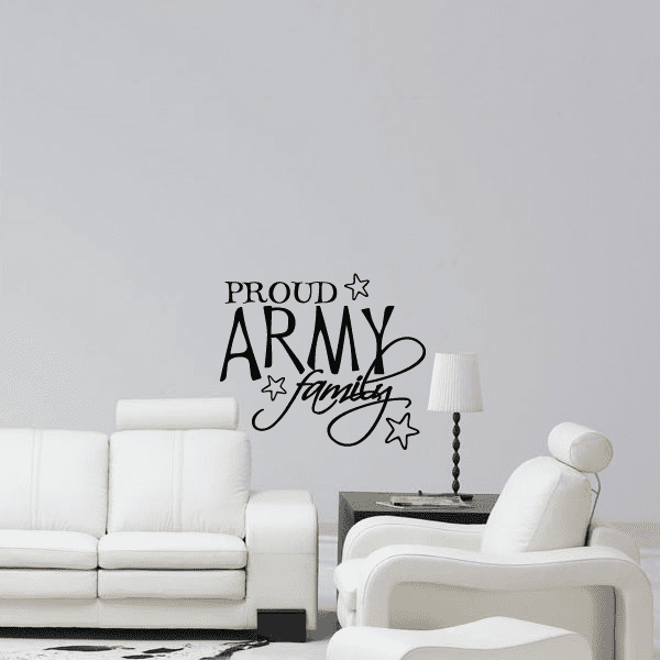 Army family wall decal with script text and star outlines reading 'PROUD ARMY family'