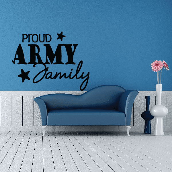 Army family wall decal with stars and 'PROUD ARMY' script lettering, dark blue
