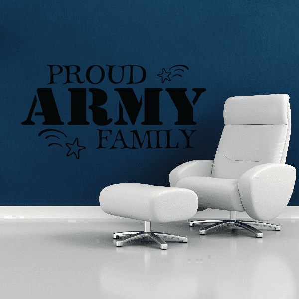 Army family wall decal: 'PROUD ARMY FAMILY' with star icons, black