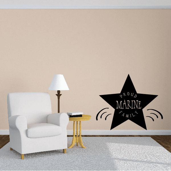 Black marine family star wall decal with arched text and wave lines