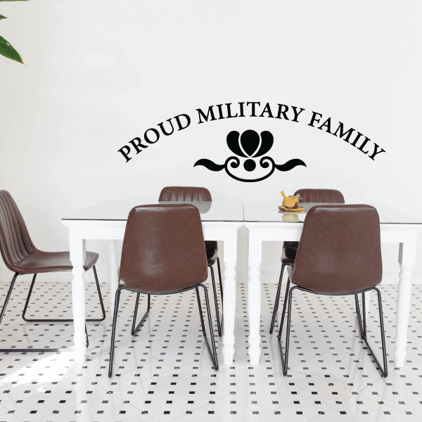 Proud military family flower decal with black text and heart emblem