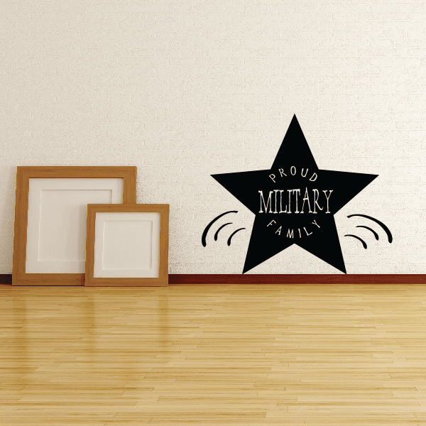 Proud Military Family star wall decal: black star with white text and signal arcs