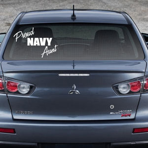 Navy aunt window decal: 'Proud', 'NAVY', and 'Aunt' script lettering
