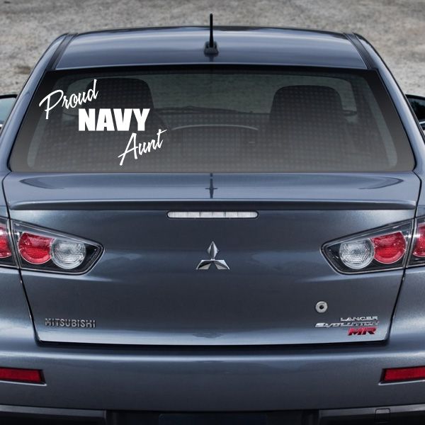 Navy aunt window decal: 'Proud', 'NAVY', and 'Aunt' script lettering