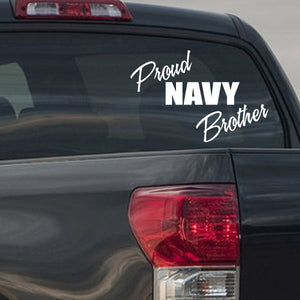 Car decal reading 'Proud NAVY Brother' in white script