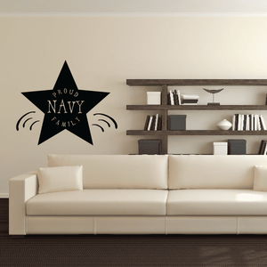 Black star wall decal with Proud Navy Family lettering and curved accent lines