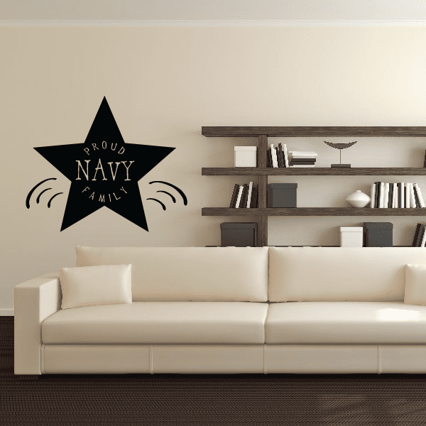 Black star wall decal with Proud Navy Family lettering and curved accent lines
