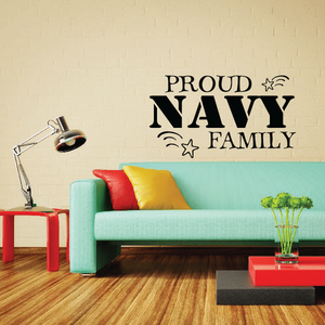 Navy family wall decal with “PROUD NAVY FAMILY” text and star accents