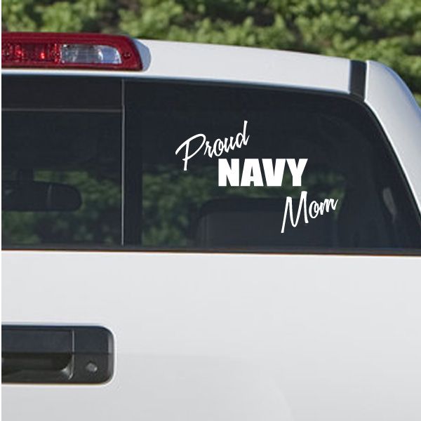 Proud Navy Mom car decal with white lettering on dark window