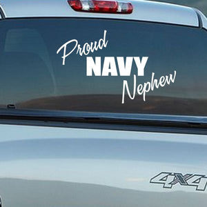 Proud Navy Nephew car decal with white script text on dark background