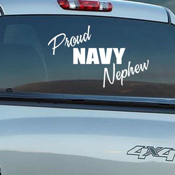 Proud Navy Nephew car decal with white script text on dark background