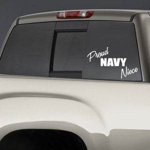 Proud Navy Niece window decal with white lettering and script outline
