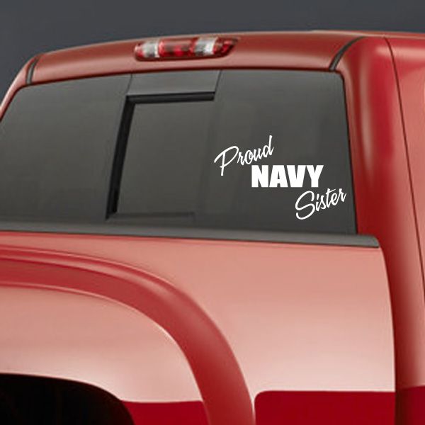 Proud Navy Sister car decal, white lettering on dark window