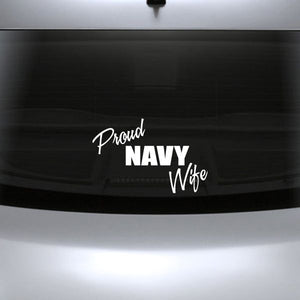 Navy wife bumper decal with script “Proud” and bold “NAVY” lettering