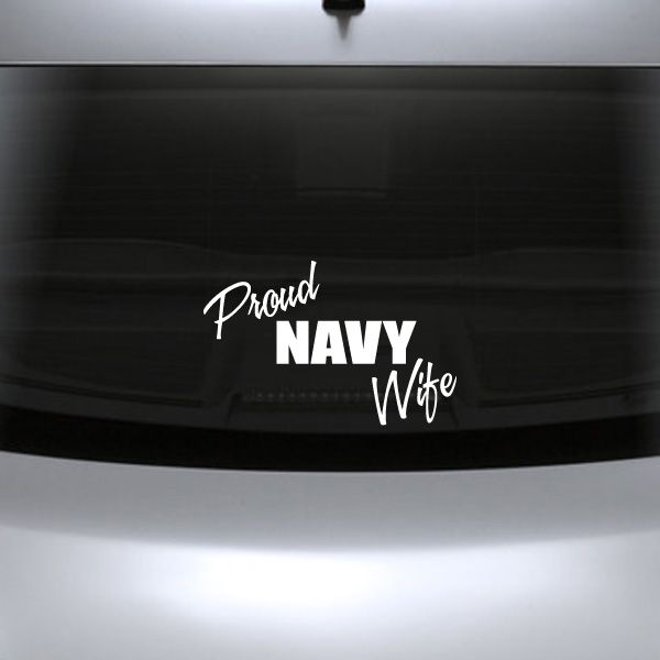 Navy wife bumper decal with script “Proud” and bold “NAVY” lettering