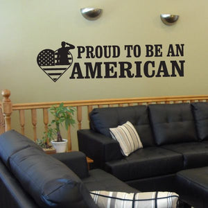 American pride wall decal with heart flag and text 'PROUD TO BE AN AMERICAN'