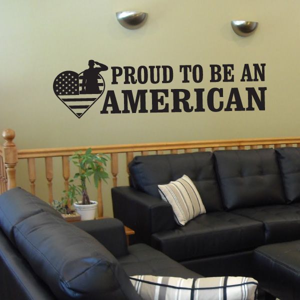 American pride wall decal with heart flag and text 'PROUD TO BE AN AMERICAN'