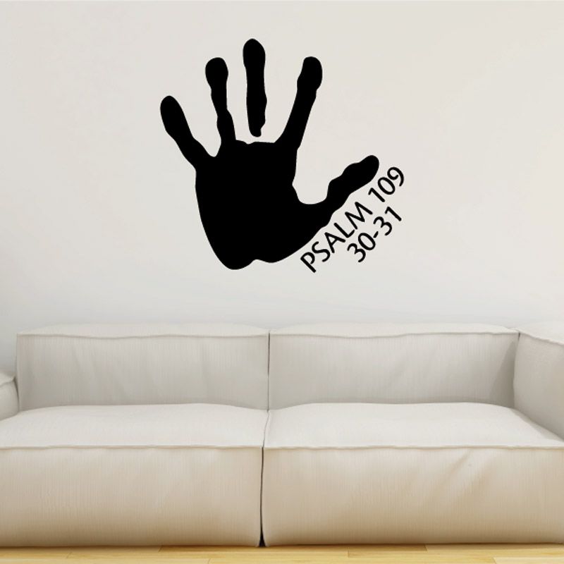 Black handprint wall decal with Psalm 109 50-31 text