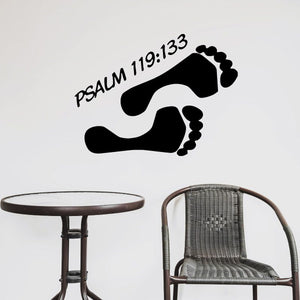 Psalm 119:133 wall decal with cursive text and black boot/footprint graphic