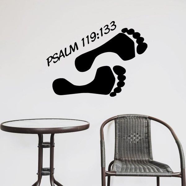 Psalm 119:133 wall decal with cursive text and black boot/footprint graphic