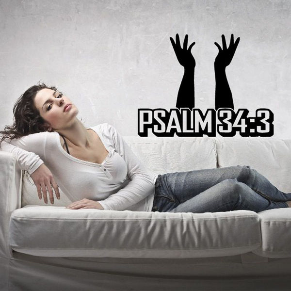 Bible verse wall decal with PSALM 34:3 text and black hand silhouettes