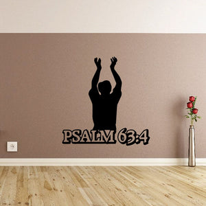 Bible verse wall decal with Psalm 63:4 text and praying hands silhouette