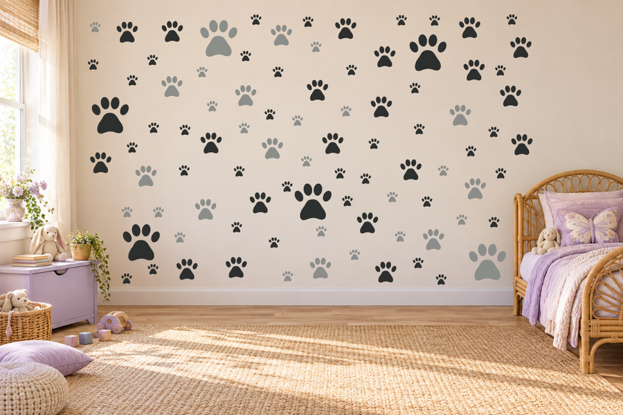 Puppy paw print wall decal kit with multiple paw sizes and shapes