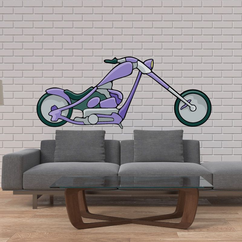 Purple chopper motorcycle sticker with handlebar and wheels