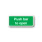 Green push bar to open safety sign wall decal, white text on rounded rectangle