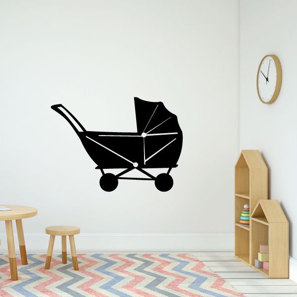 Black stroller push carriage vinyl wall decal with wheels and canopy