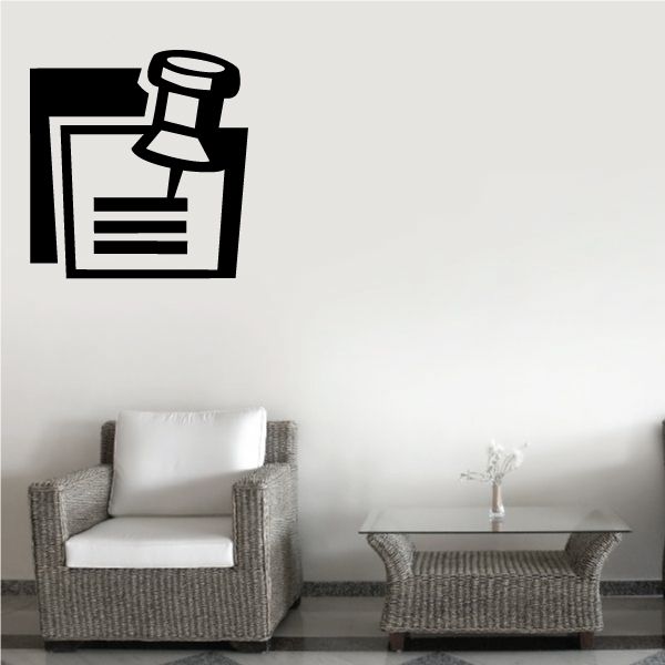 Push pin decal with black outline thumbtack and document icon
