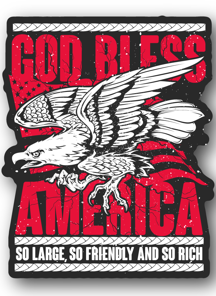 Vinyl sticker with white eagle and bold red "God Bless America" lettering