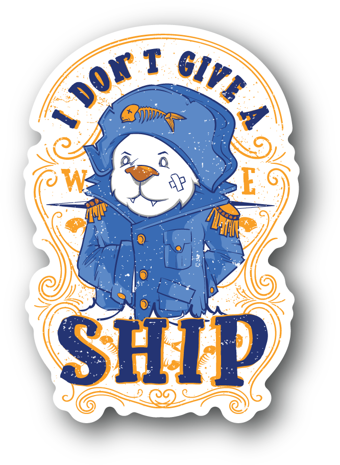 Round vinyl sticker with blue sailor dog illustration and orange distressed typography