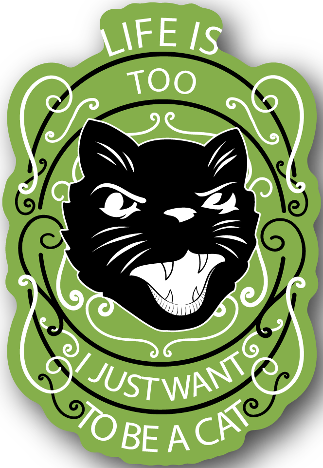Cat face vinyl sticker with green swirl border and bold white text