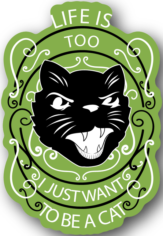 Cat face vinyl sticker with green swirl border and bold white text